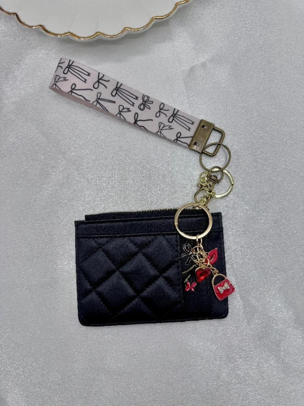 Black Quilted Card Holder Wallet Keychain Wristlet Charm Set